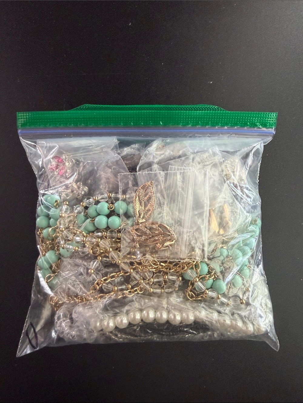 Mystery Mixed Costume Jewelry Set with Mint Beads and Gold-Tone Chains